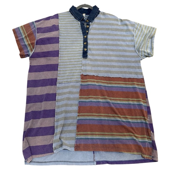 Free People oversized patchwork striped polo tunic dress/top M multicolor boho - Picture 1 of 12